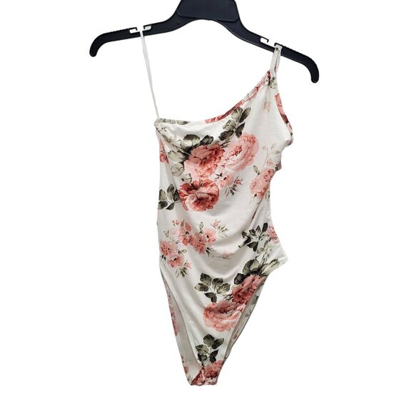 Shein Women's White Pink Rose Print One‎ Shoulder High Leg Bodysuit Size XS - Picture 1 of 5